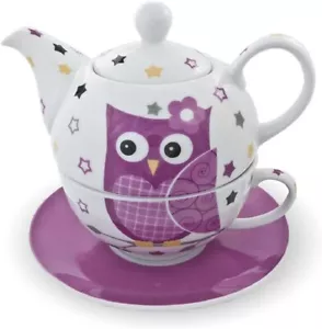 Teekannen-Set Teekanne Tasse Untersetzer Eule Porzellan pink - Bild 1 von 1