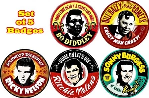 Juego de 5 insignias 25 mm Rock n Roll Legends Haley Nelson Valens Burgess Diddley blues - Imagen 1 de 1