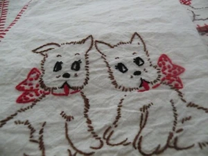 Embroidered rustic farmhouse flour sack placemats with dogs, vintage, handmade - Picture 1 of 5