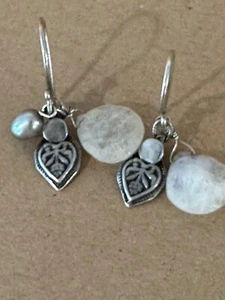 Silver Tone Dangle Earrings With Milky White Stone and Charms - Picture 1 of 3