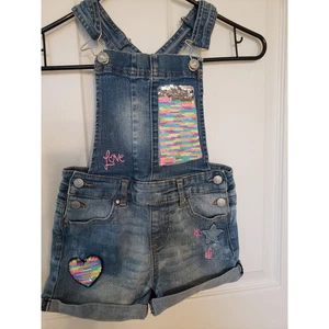 Vintage Jordache Denim Overalls Sequin Heart Love Patch Jean Shorts Girls S 6-6X - Picture 1 of 4