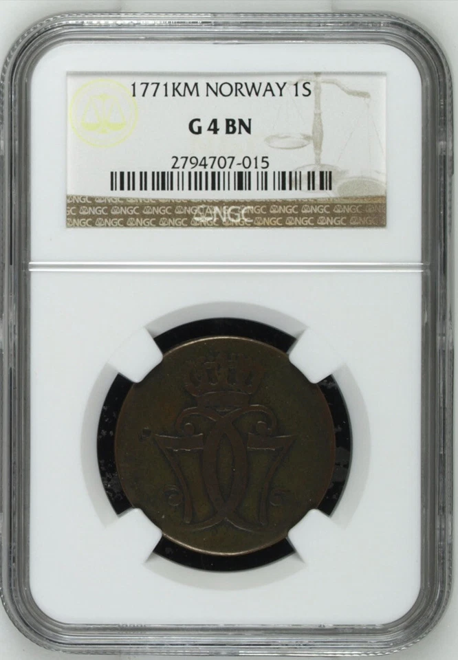 NORWAY RARE 1 SKILLING DANSKE 1771 NGC G4 BN Copper Coin - Image 1 of 2