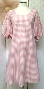 Dondolo Pink Gingham Checkered Tie Back Zip Closure Puff Sleeve Lined Dress Sz L - Picture 1 of 16