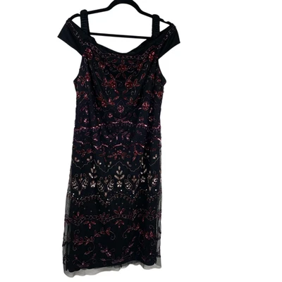 Adrianna Papell Women's Off Shoulder Beaded Sequins Cocktail Dress Black Sz 14 - Image 1 of 4