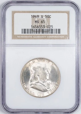 1949-S NGC MS65 Benjamin Franklin Silver Half Dollar Uncirculated BLAST WHITE! - Image 1 of 4