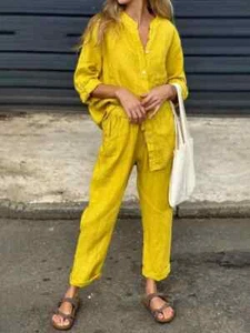 Women's Cotton Linen Solid Color Two-piece Sets 2025 Spring Autumn Fashion V... - Picture 1 of 34