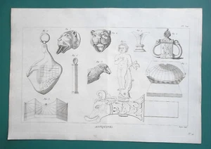 ROMAN UTENSILS Faucets Water Spouts Lion Bird heads Sun Dials - 1804 Print - Picture 1 of 5
