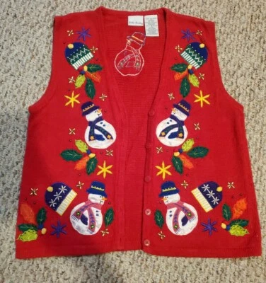 Bobbie Brooks Mujer Navidad Muñeco de Nieve Suéter Chaleco Tejido Rojo Talla Mediana DE COLECCIÓN  Foto 1 de 4