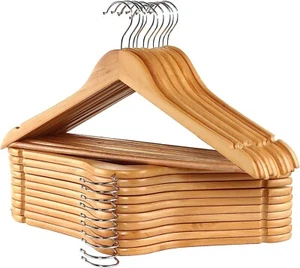 20er Pack Schwerlast Holz Kleiderbügel, 360° drehbare Haken Hosenstange, natürliche Oberfläche - Bild 1 von 9