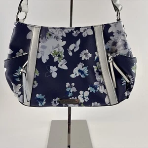 Liz Claiborne Blue White Floral Pebbled Faux Leather Shoulder Bag Purse PVC - Picture 1 of 15