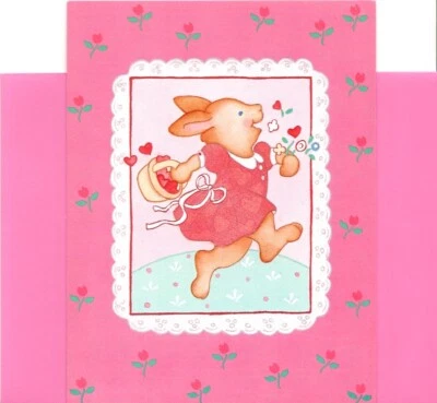 Feliz Día de San Valentín Corazón Rosa y Rojo Corazones Conejo Niña Tarjeta de Felicitación  Foto 1 de 3