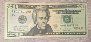 2017A $20 Bill Fancy Rare Repeater Federal Reserve Note Serial PB01791790D - Picture 1 of 3