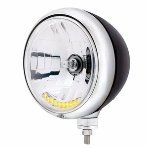 Black "Guide" Hot Rod Headlight w/o Turn Signal - 10 Amber LED Crystal Halogen - Picture 1 of 3