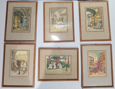 6 Винтажный антикварный Гарри Элиот монахи в рамке цветная литография Чарльз Диккенс комплект - Изображение 1 из 4