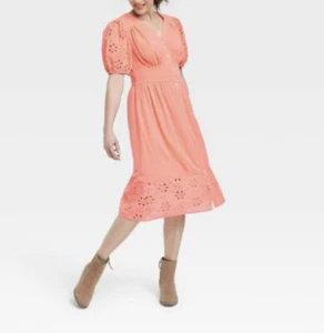 Women’s Plus Size Knox Rose Eyelet Trim Short Sleeve Midi Dress Sunbeam Pink 1X - Picture 1 of 7