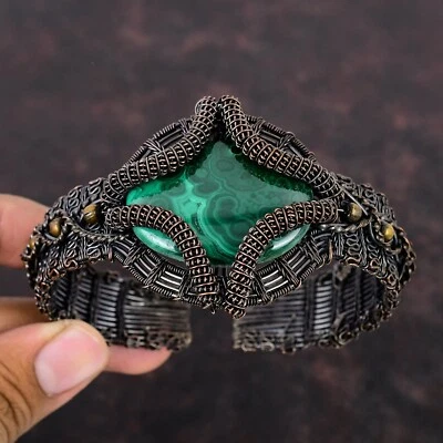Russian Malachite Copper Gift For Bridesmaid Wire Wrapped Adjustable Bangle - Image 1 of 4