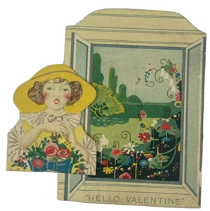 Victorian Valentine Die Cut Woman Straw Hat Bonnet Rouge Collar Nouveau - Picture 1 of 2