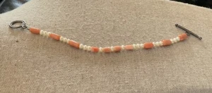 925 Angel Skin Coral Carved Flowers Pearl Toggle Bracelet Fits Sz 6” Petite - Picture 1 of 6