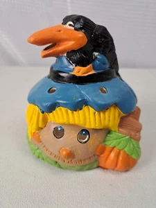 Retro Halloween Keramik Vogelscheuche Kopf mit Krähe und Kürbis Licht Figur Deko - Bild 1 von 8