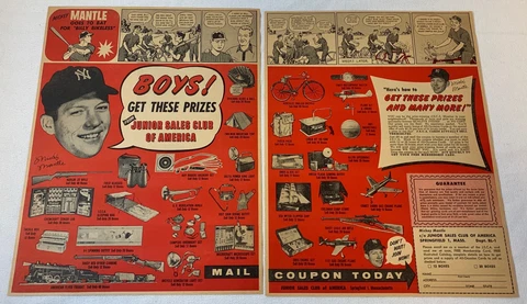 1957 two page Junior Sales Club Of America ad ~ MICKEY MANTLE Goes To Bat Cover