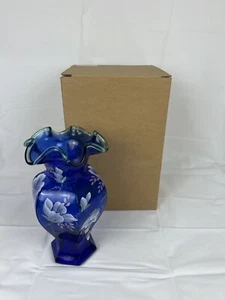Fenton 75th Anniversary Vase Colbalt Blue Green Crest Hand Painted Signed - Picture 1 of 8
