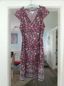 Liz Claiborne Women Floral Short Sleeve Dress SZ M Linen/Cotton Navy Multicolor - Picture 1 of 3