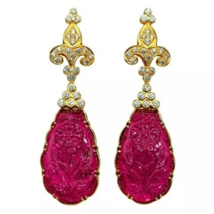 Carved Lab Ruby Cocktail Dangle Earrings 925 Sterling Silver Cocktail Jewelry - Picture 1 of 4