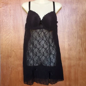 Smart & Sexy Sleepwear Sheer Nightie 38C Black Floral Lace Cami Vamp Whimsigoth - Picture 1 of 12