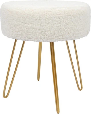 Cream Boucle Round Footstool with Gold Legs – Modern Vanity Pouffe Seat - Image 1 of 4