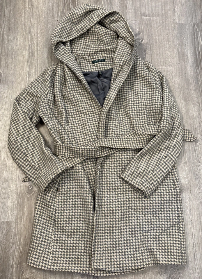 Abrigo Lauren Ralph Lauren Mujer 10 Pata de Gallo Lana Cinturón Chaqueta con Capucha Elegante Foto 1 de 3