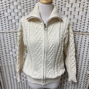 100 % Merinowolle irische Bomberjacke Zopfmuster Reißverschluss Damen klein elfenbeinfarben - Bild 1 von 6