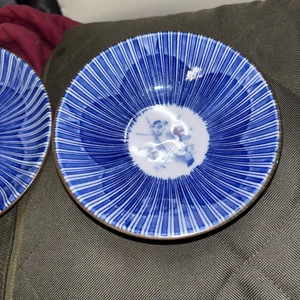 Lot of 2 VTG Japanese Blue White Lines Rice Noodle Bowl & Plate Cherry Blossoms - Picture 1 of 6