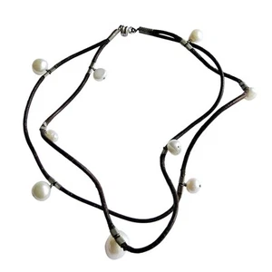 Pearl Leather Necklace Freshwater Pearls Choker Double Strand, Vintage Stunning - Bild 1 von 9