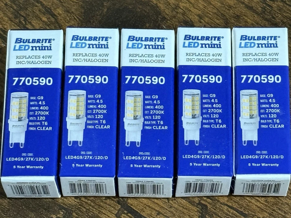 5 Pack- Bulbrite 770590 LED Mini Bulb 4.5W=40W 120V T4 2-Pin G9 Base Clear 27K - Image 1 of 4