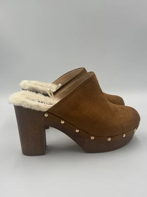 Mudd Y2K Brown Clog Mules Faux Fur Lined Platform Heels Boho Retro 2000s Size 8 - Image 1 of 4