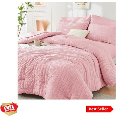 Elegante Conjunto de Edredom Seersucker 7 Peças Rosa - Roupa de Cama Queen Size para Todas as Estações - Imagem 1 de 4