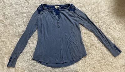 Lucky Brand Embroidered Long Sleeve Western Y2K Waffle Henley Top XL Blue Boho - Image 1 of 4