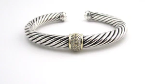 David Yurman Sterling Silver 18K Gold Classic Cable Diamond Cuff Bracelet - Picture 1 of 9