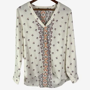 Orvis Pure Silk Tunic Top Womens M Floral Print Hi-Lo Hem V-Neck Boho Peasant - Picture 1 of 8