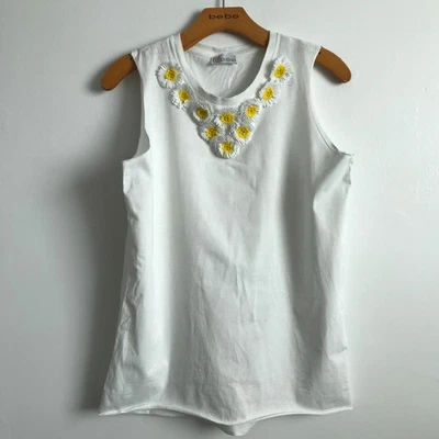 CAMISETA VALENTINO MUJER PEQUEÑA Jersey Blanco Algodón Lentejuelas Margarita Floral Foto 1 de 4