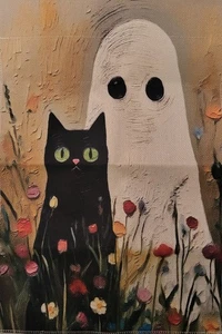 Halloween Blumen Garten Flagge Geist & schwarze Katze doppelseitig Sackleinen 12"x18" - Bild 1 von 8