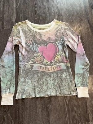 Y2K Waffle Knit Long Sleeve Ed Hardy Styled Long Sleeve Top - Large - Image 1 of 4