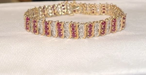 10k Solid Gold Real Rubies & Diamonds  7.5 Inches Bracelet - Picture 1 of 5