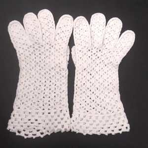 Vintage White Hand Knitted Gloves Checkerboard Pattern Wrists Stretchable - Picture 1 of 7