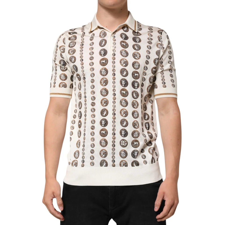 DOLCE & GABBANA T-shirt Silk Ivory Coin Print Logo Men Polo IT46/US36/S 1500usd - Image 1 of 4