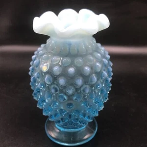 Fenton Blue Opalescent Glass Hobnail Bud Vase 3 3/4” Tall GLOWS! UV Reactive - Picture 1 of 10