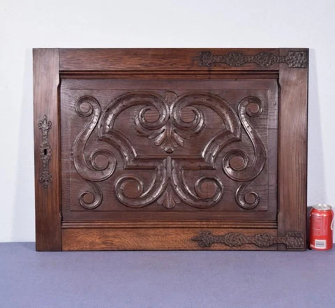 *Large Gothic Carved Architectural Door Panel in Solid Oak Wood with Iron Cover