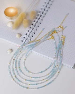 A++ Dainty White & Blue Topaz Faceted Round Gemstone Beads Choker Necklace 18'' - Image 1 of 4