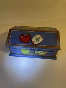 Handbemalte Obst auf blauem Holz Volkskunst aufklappbare Aufbewahrung Andenkenbox - Bild 1 von 11