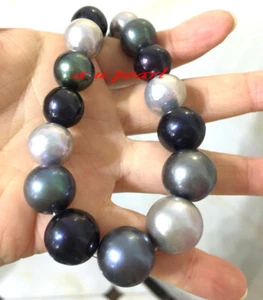 AAAAA 17"13-15mm REAL Tahitian multicolor gray black pearl necklace 14K gold - Picture 1 of 7